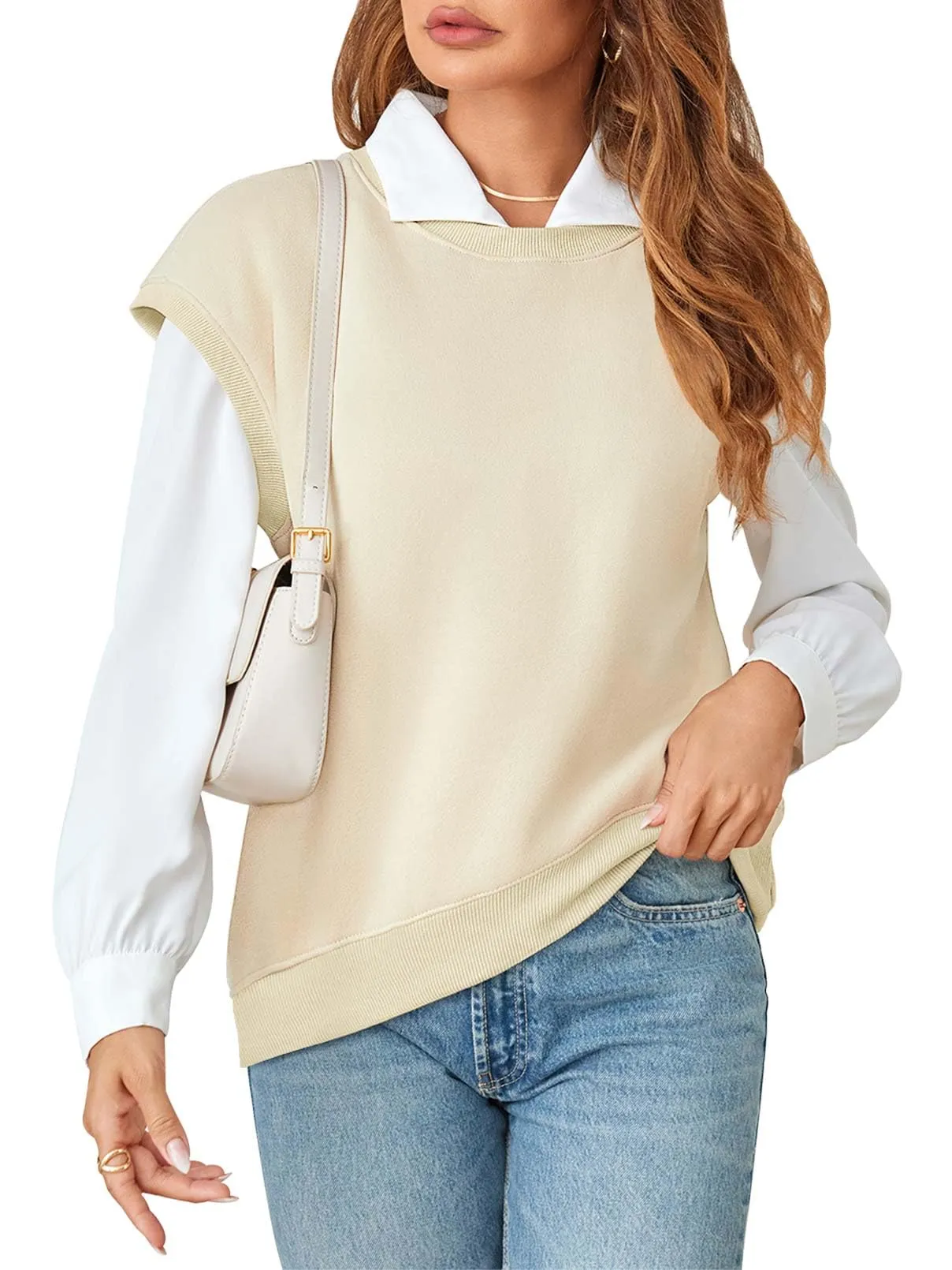 MEROKEETY Sleeveless Oversized Crewneck Fleece Pullover Sweatshirts