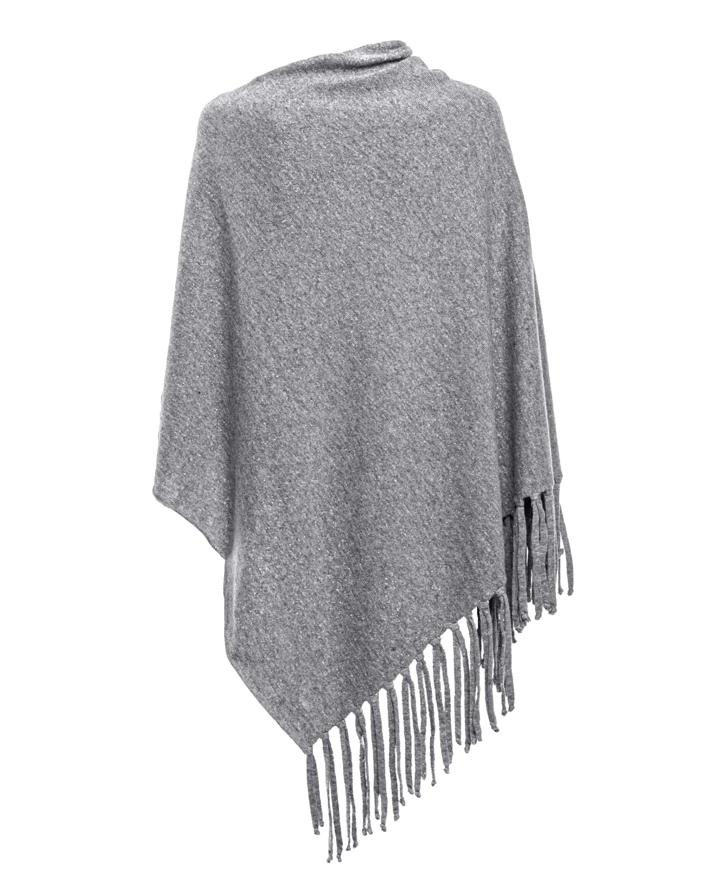 NEW FALL 24 - Women's Pure Cashmere Poncho with Fringes Melange Gray