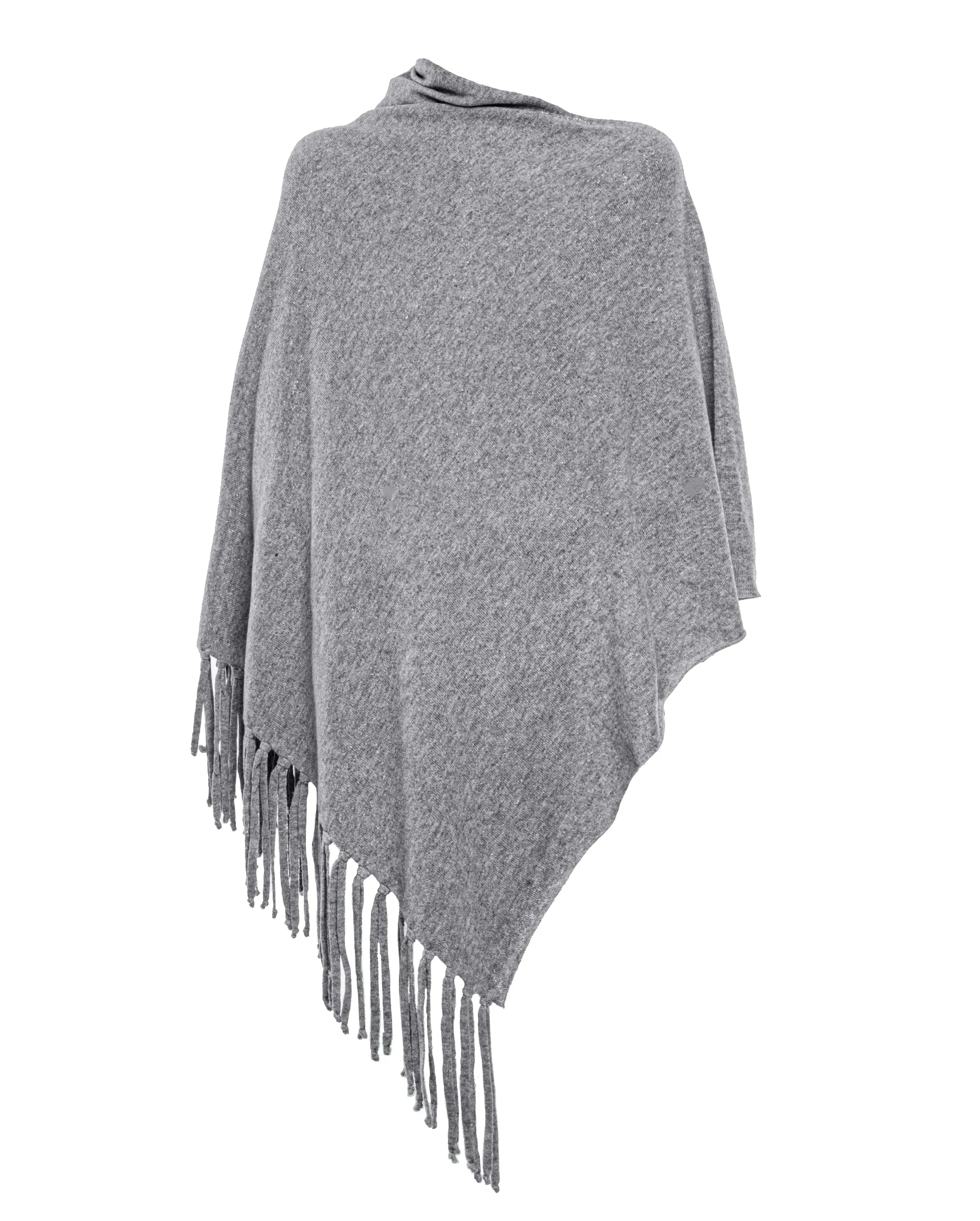 NEW FALL 24 - Women's Pure Cashmere Poncho with Fringes Melange Gray
