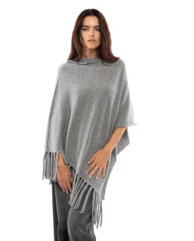 NEW FALL 24 - Women's Pure Cashmere Poncho with Fringes Melange Gray