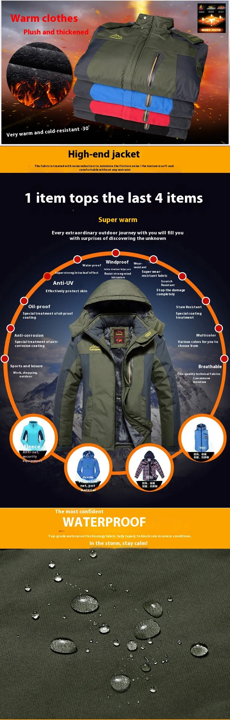 Outdoor Winter Plus Size Men's Assault Jacket Fleece Lined Padded Warm Keeping