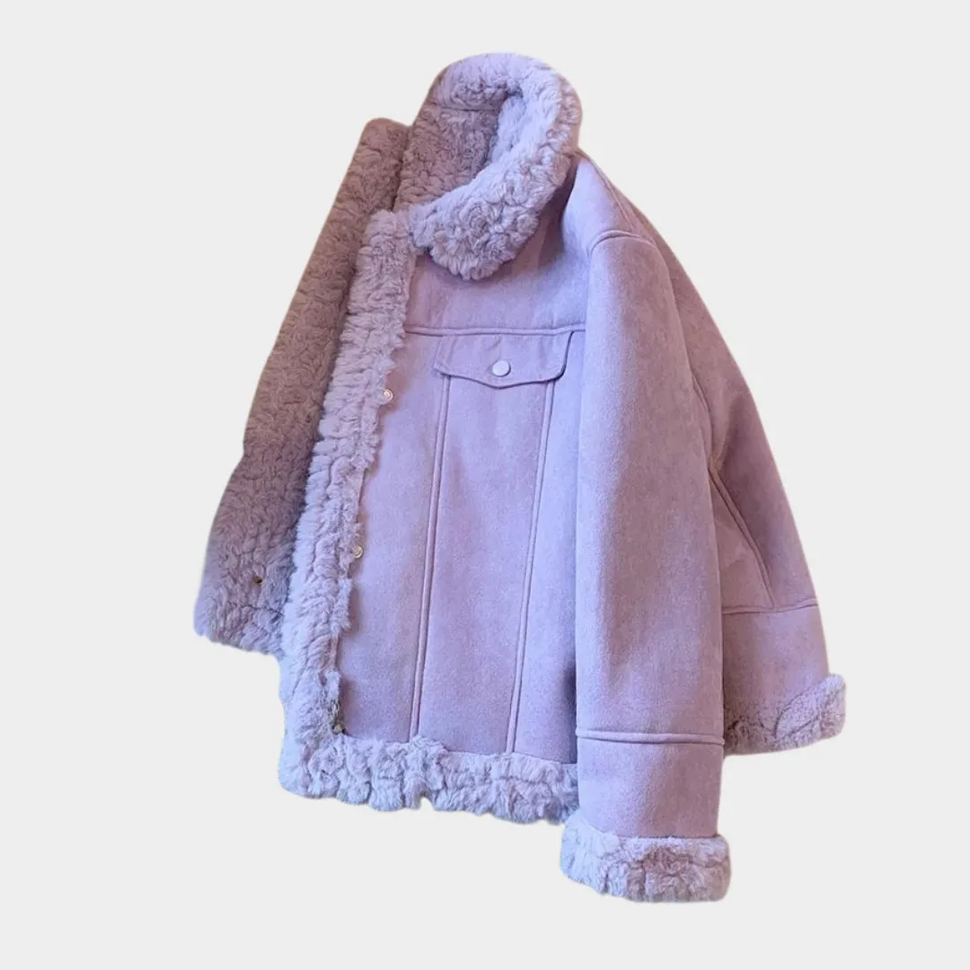 Oversized Womens Purple Lambswool Coat - Autumn & Winter Plush Thick Wool Fur Coat