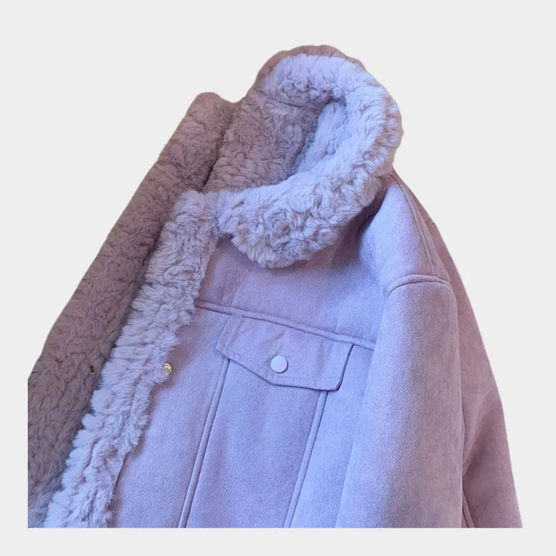 Oversized Womens Purple Lambswool Coat - Autumn & Winter Plush Thick Wool Fur Coat