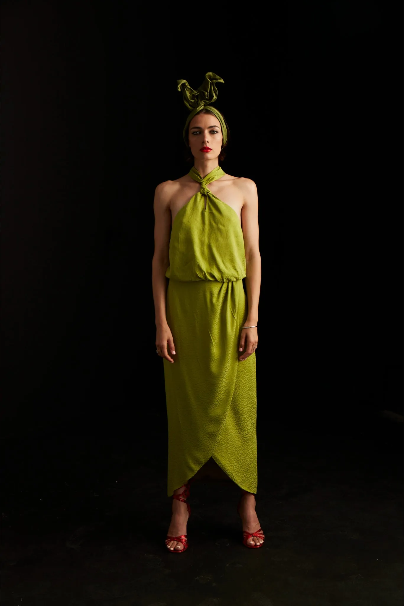 Palermo halterneck wrap detail dress in lime