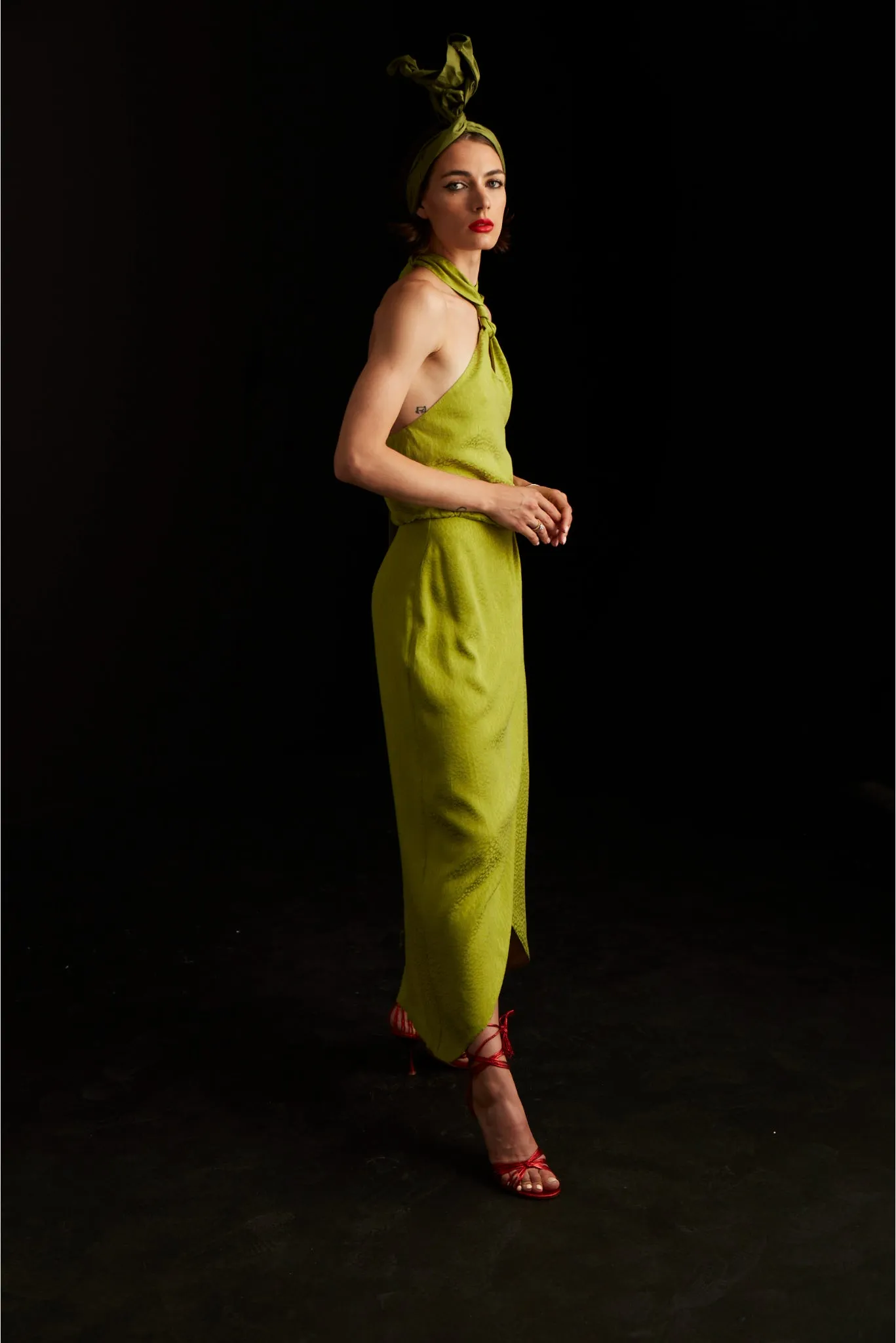Palermo halterneck wrap detail dress in lime