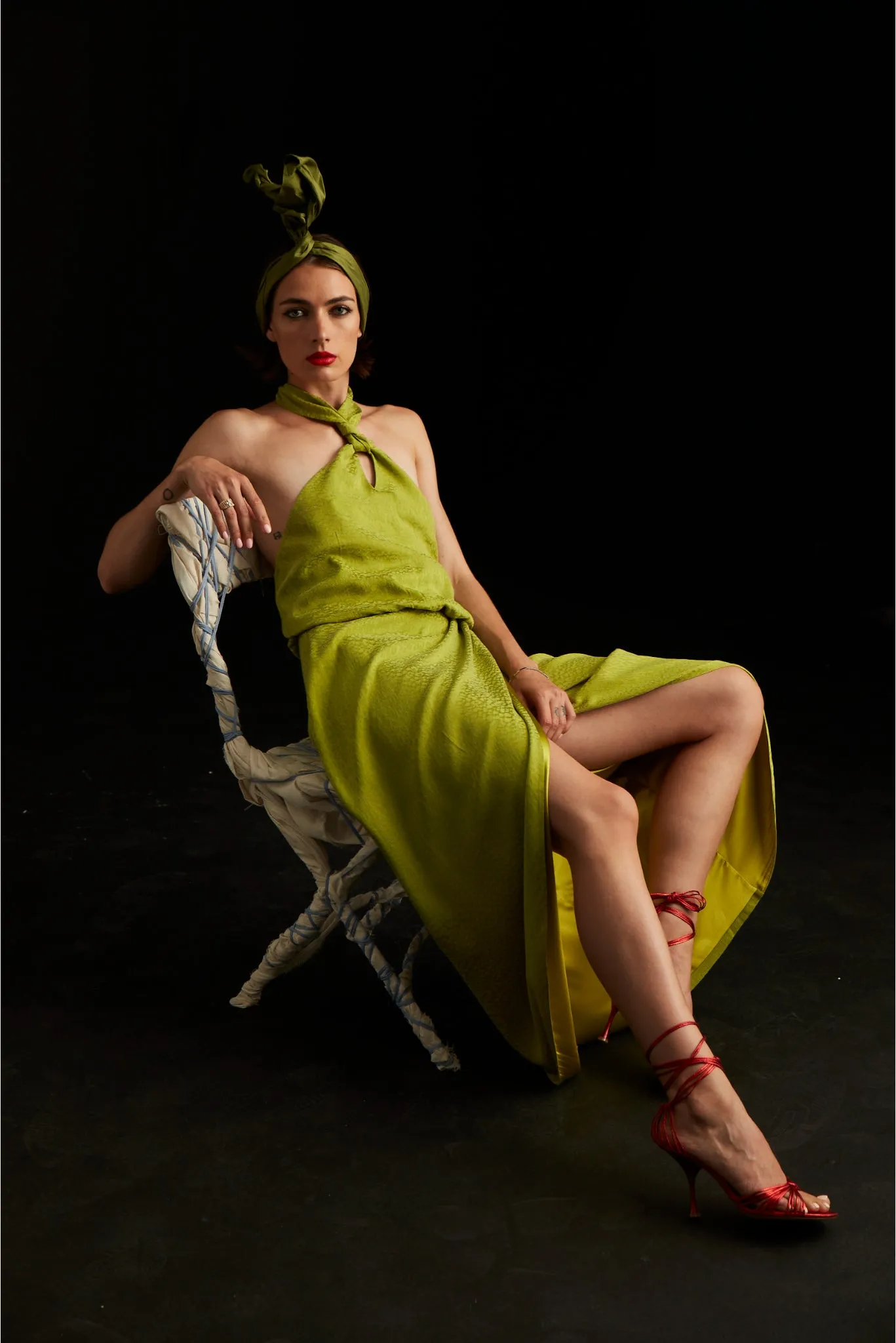 Palermo halterneck wrap detail dress in lime