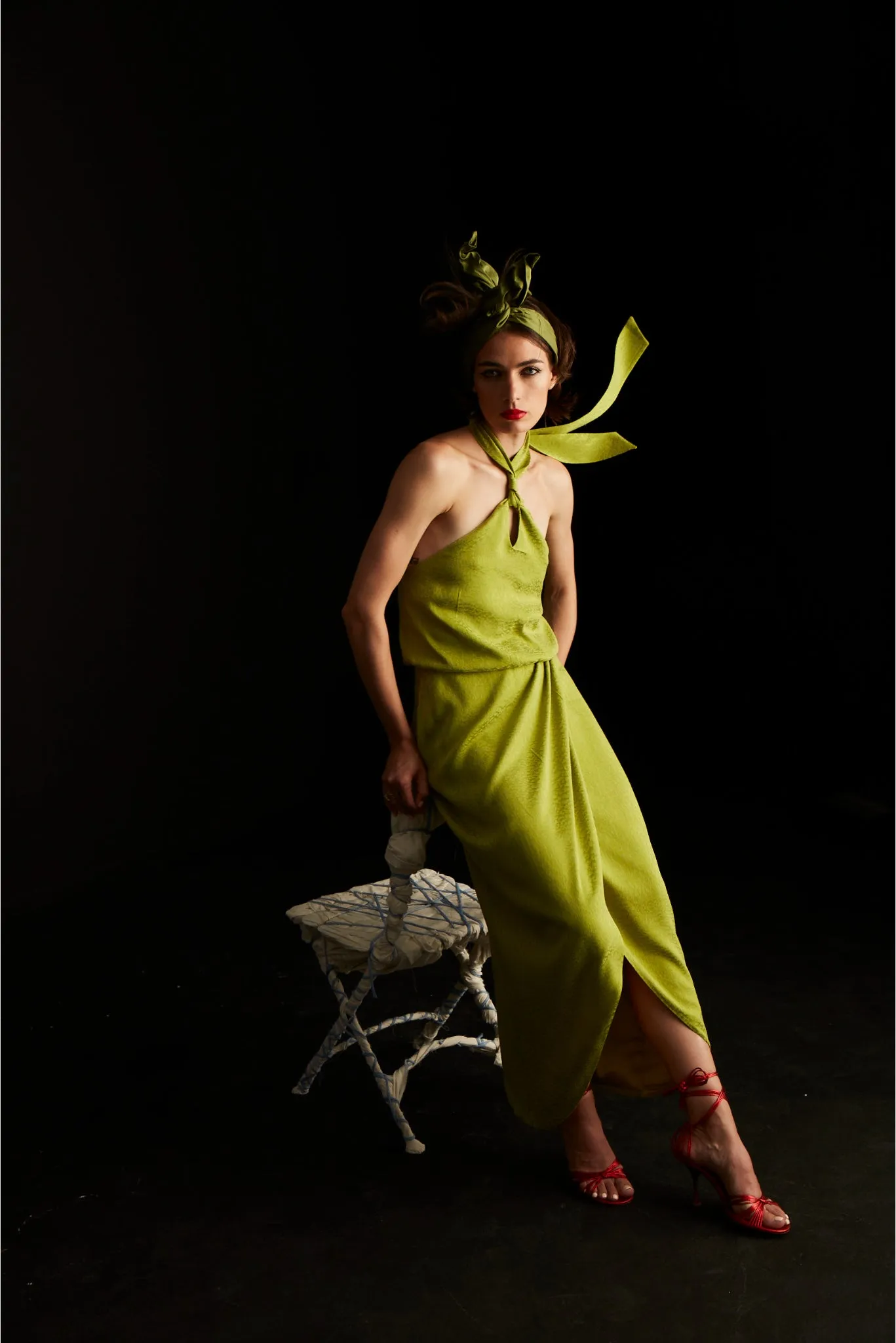 Palermo halterneck wrap detail dress in lime