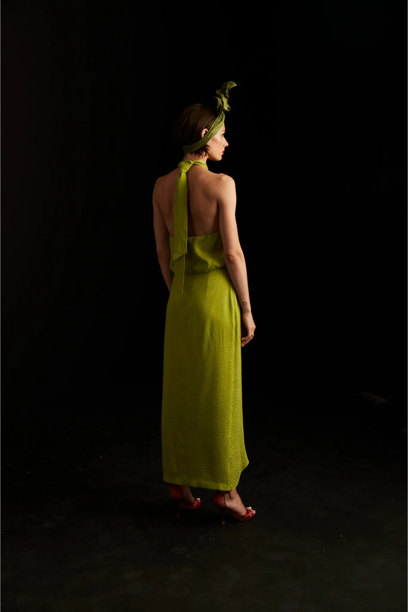 Palermo halterneck wrap detail dress in lime
