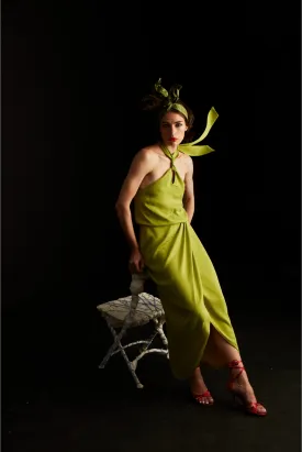 Palermo halterneck wrap detail dress in lime