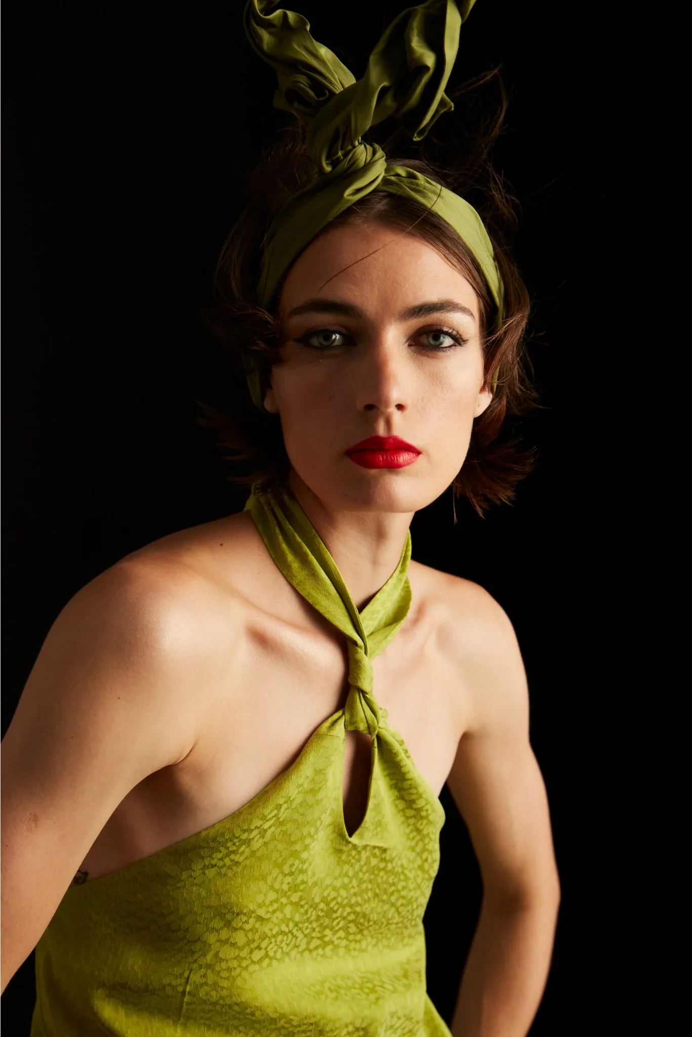 Palermo halterneck wrap detail dress in lime