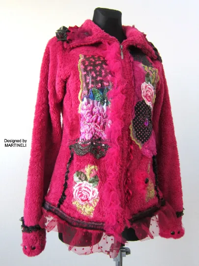 Pink Faux Fur Gypsy Jacket, M/L Embroidered Warm Jacket