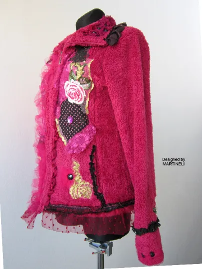 Pink Faux Fur Gypsy Jacket, M/L Embroidered Warm Jacket