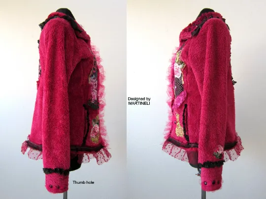 Pink Faux Fur Gypsy Jacket, M/L Embroidered Warm Jacket