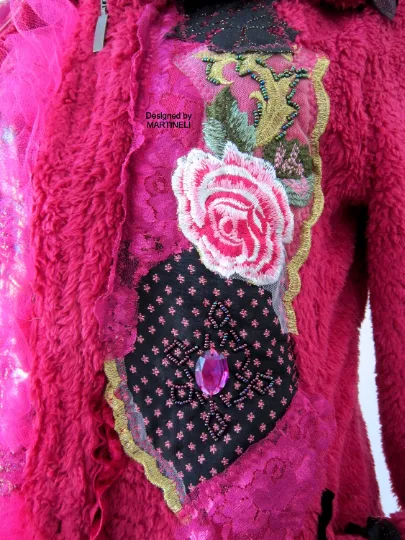Pink Faux Fur Gypsy Jacket, M/L Embroidered Warm Jacket