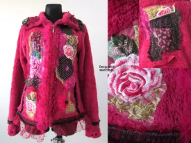 Pink Faux Fur Gypsy Jacket, M/L Embroidered Warm Jacket