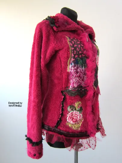 Pink Faux Fur Gypsy Jacket, M/L Embroidered Warm Jacket