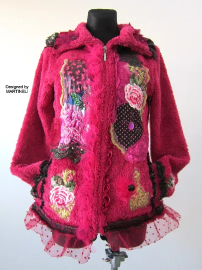 Pink Faux Fur Gypsy Jacket, M/L Embroidered Warm Jacket