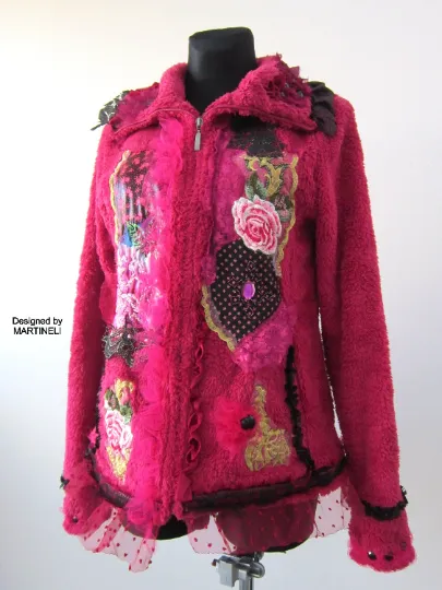 Pink Faux Fur Gypsy Jacket, M/L Embroidered Warm Jacket