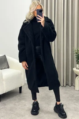 Reegan Black Teddy Borg Button Up Longline Coat