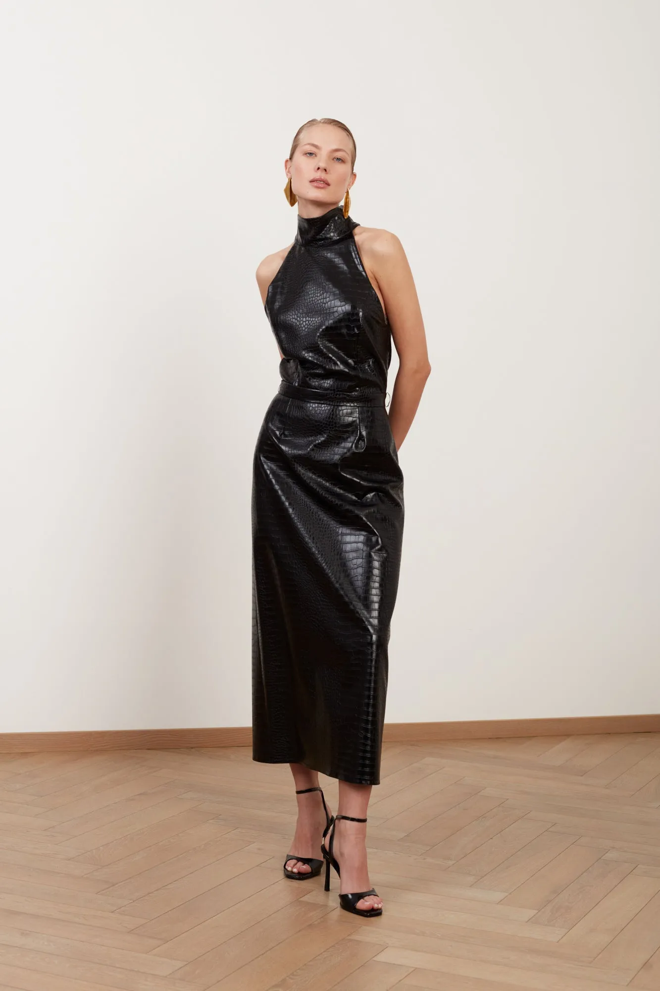 SENSA black textured vegan leather midi dress with turtleneck