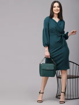 Style Quotient Women Solid Teal Wrap Style Knee Length Bodycon Dress