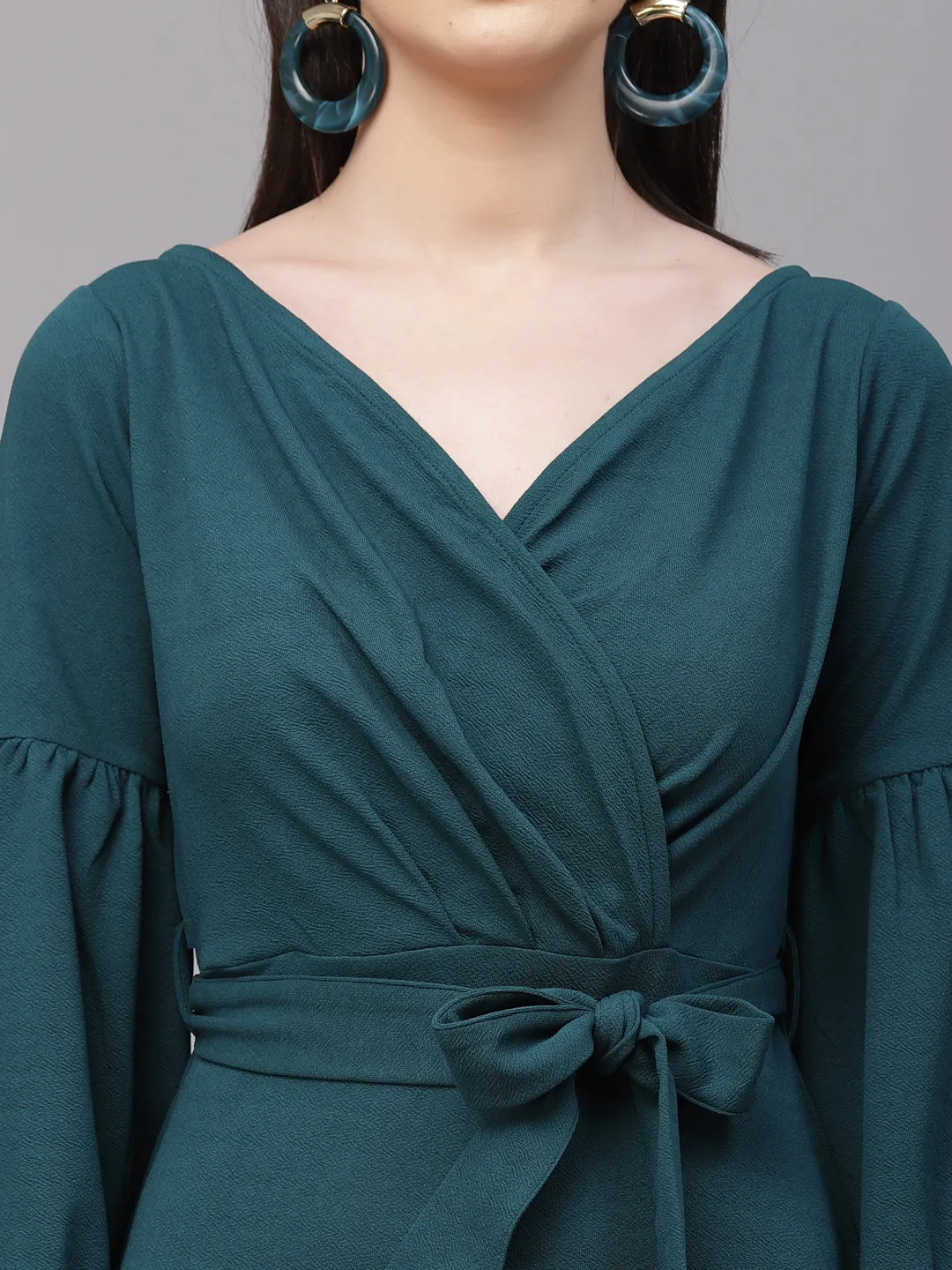 Style Quotient Women Solid Teal Wrap Style Knee Length Bodycon Dress