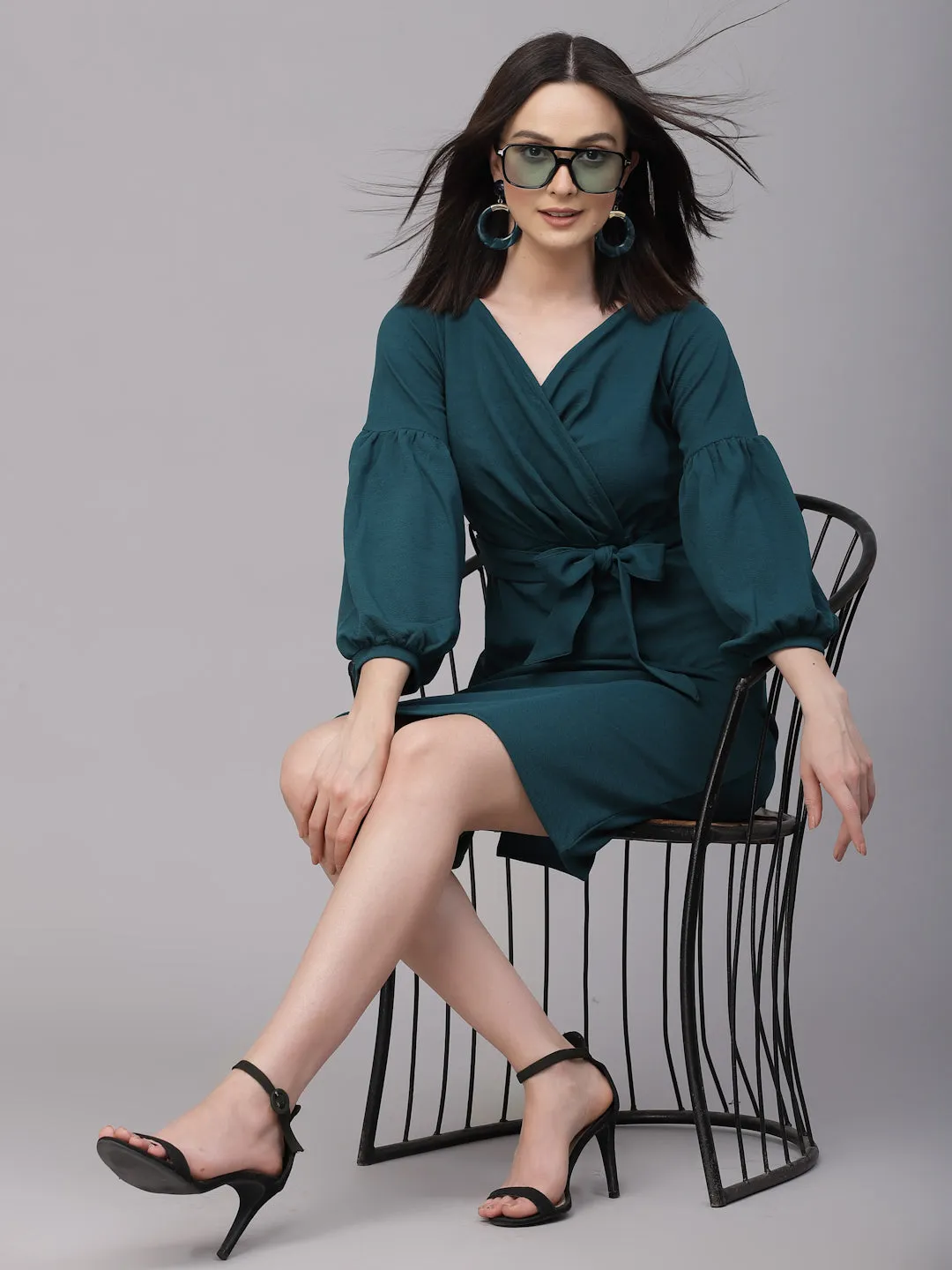 Style Quotient Women Solid Teal Wrap Style Knee Length Bodycon Dress