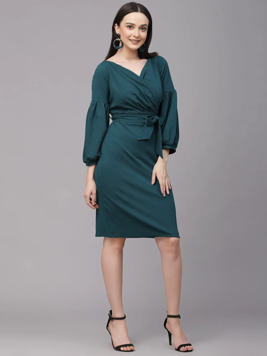Style Quotient Women Solid Teal Wrap Style Knee Length Bodycon Dress