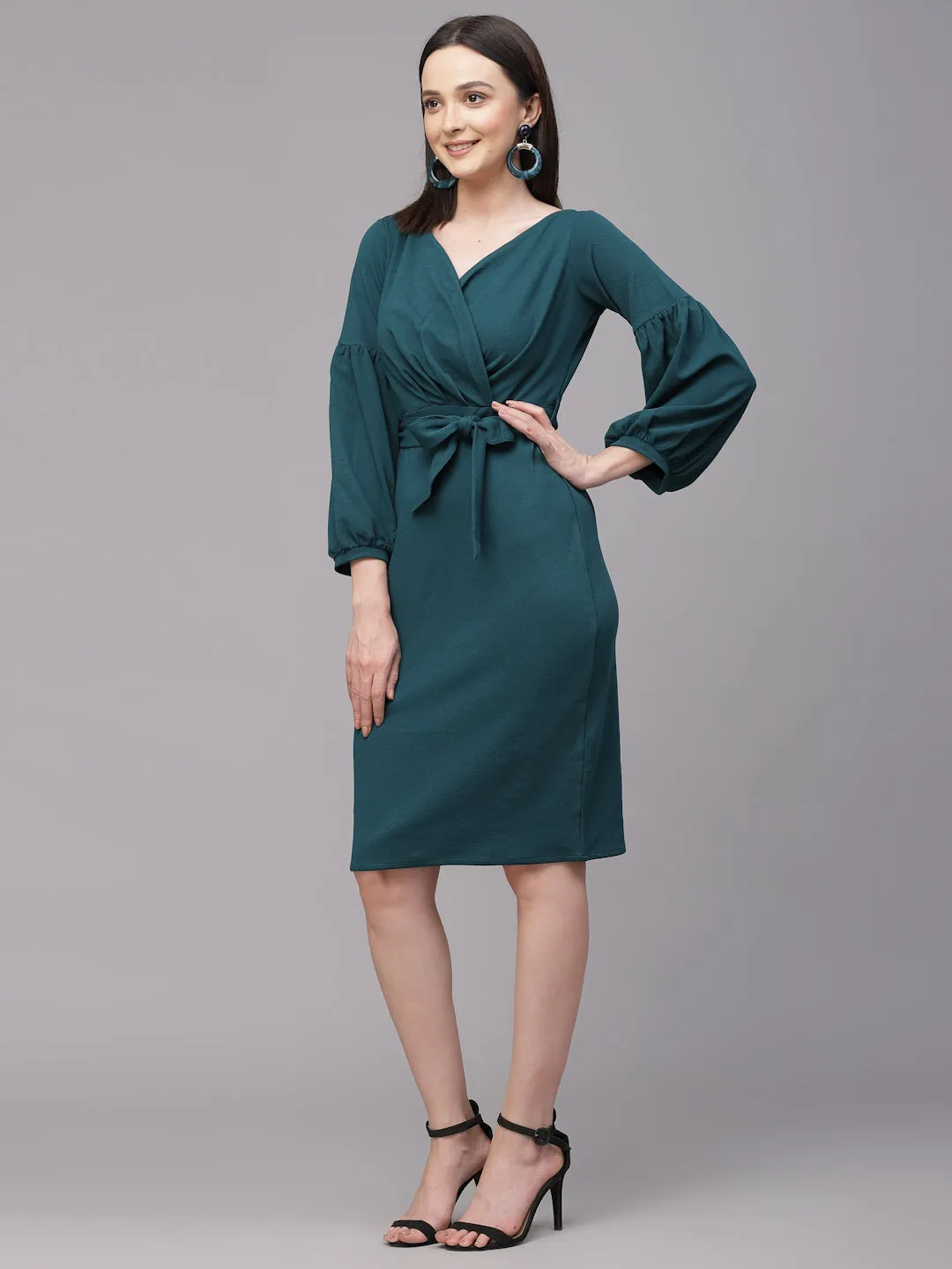Style Quotient Women Solid Teal Wrap Style Knee Length Bodycon Dress