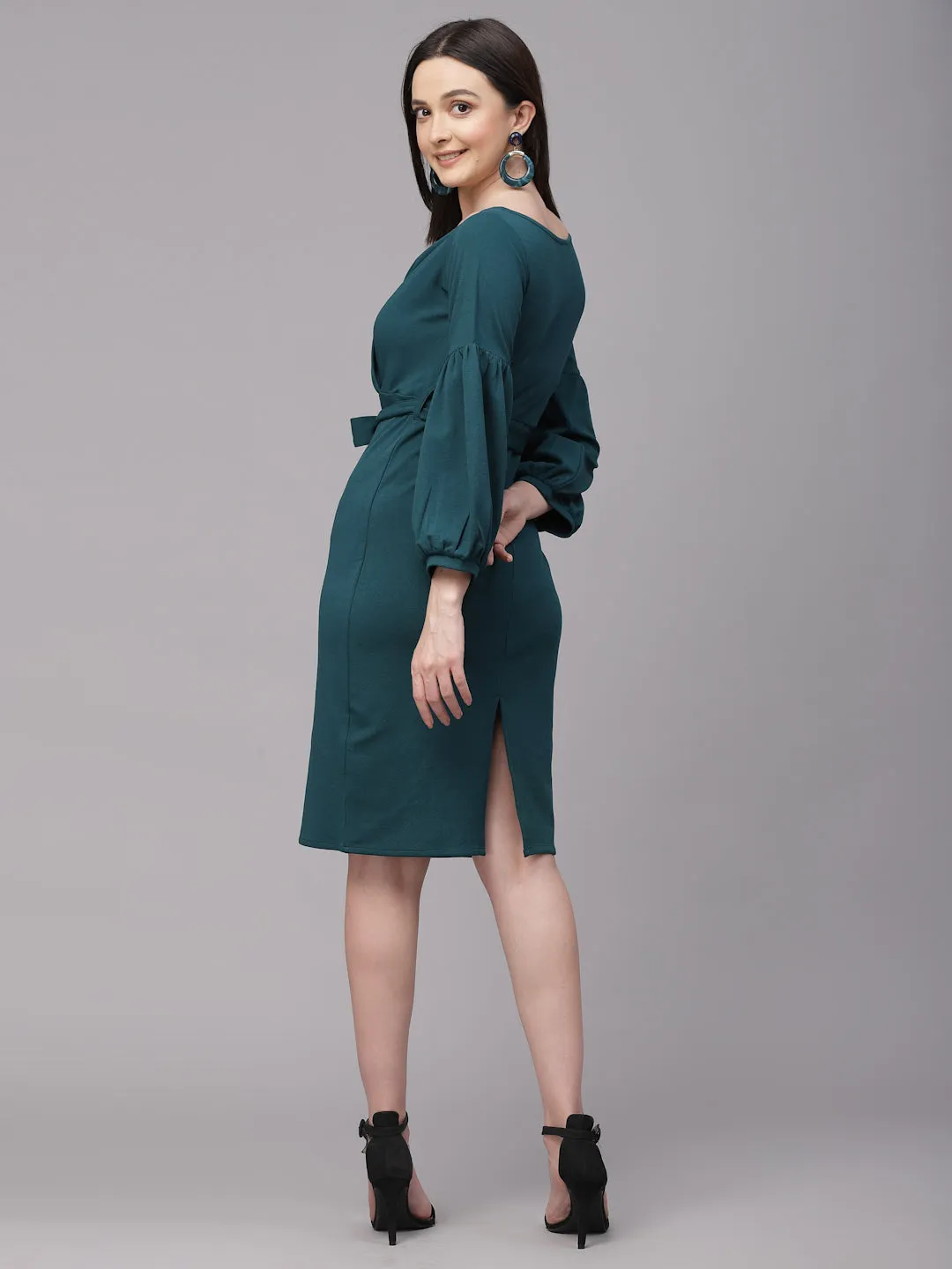 Style Quotient Women Solid Teal Wrap Style Knee Length Bodycon Dress