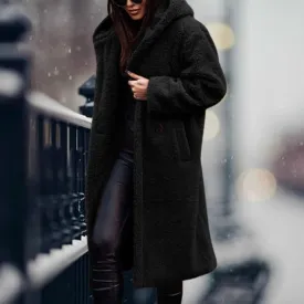 Women's Elegant Long Warm Fleece Winter Coat with Hood | Ideal for Autumn/Winter
