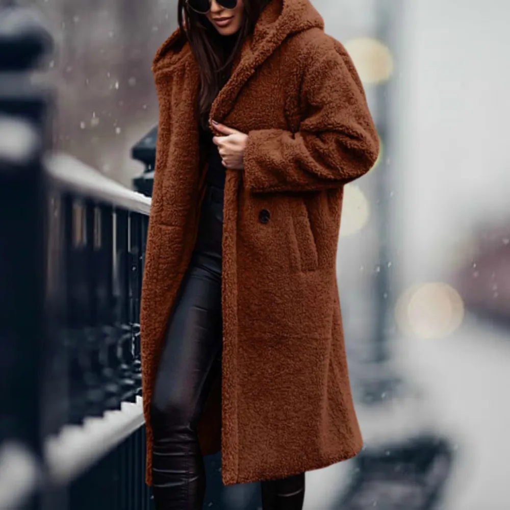 Women's Elegant Long Warm Fleece Winter Coat with Hood | Ideal for Autumn/Winter