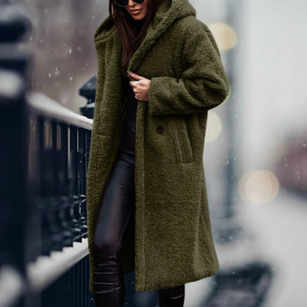 Women's Elegant Long Warm Fleece Winter Coat with Hood | Ideal for Autumn/Winter