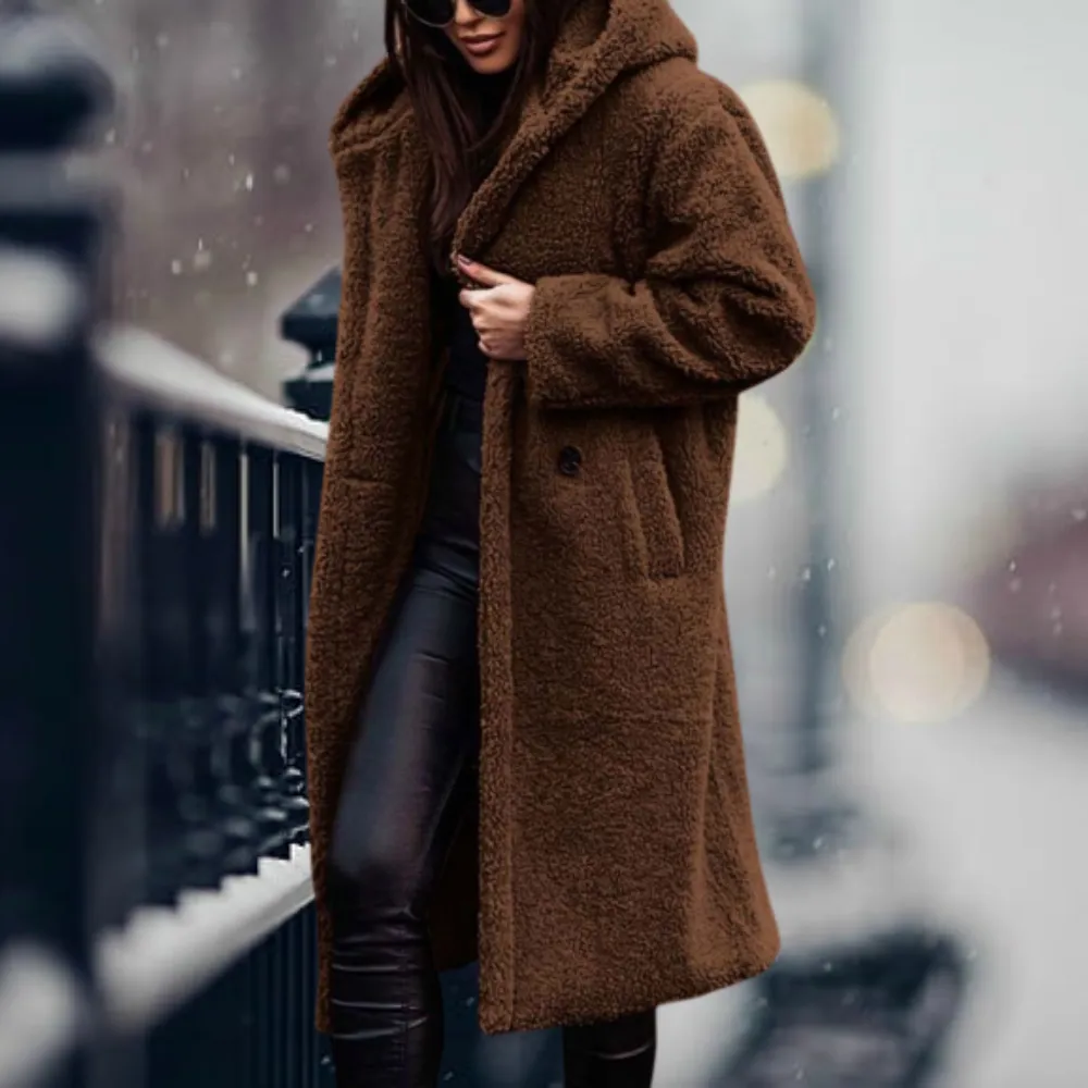 Women's Elegant Long Warm Fleece Winter Coat with Hood | Ideal for Autumn/Winter