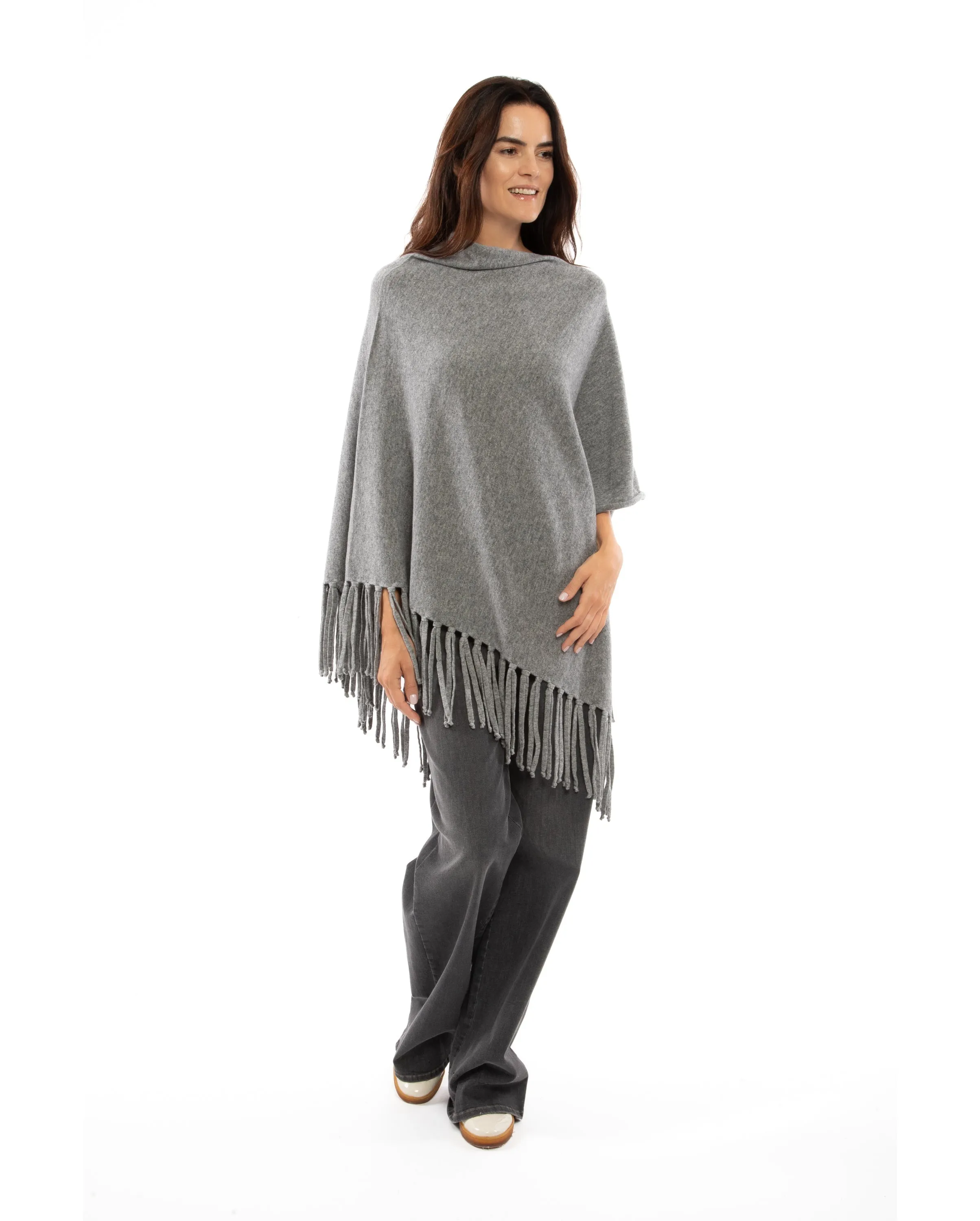 Women's Pure Cashmere Poncho with Fringes Black