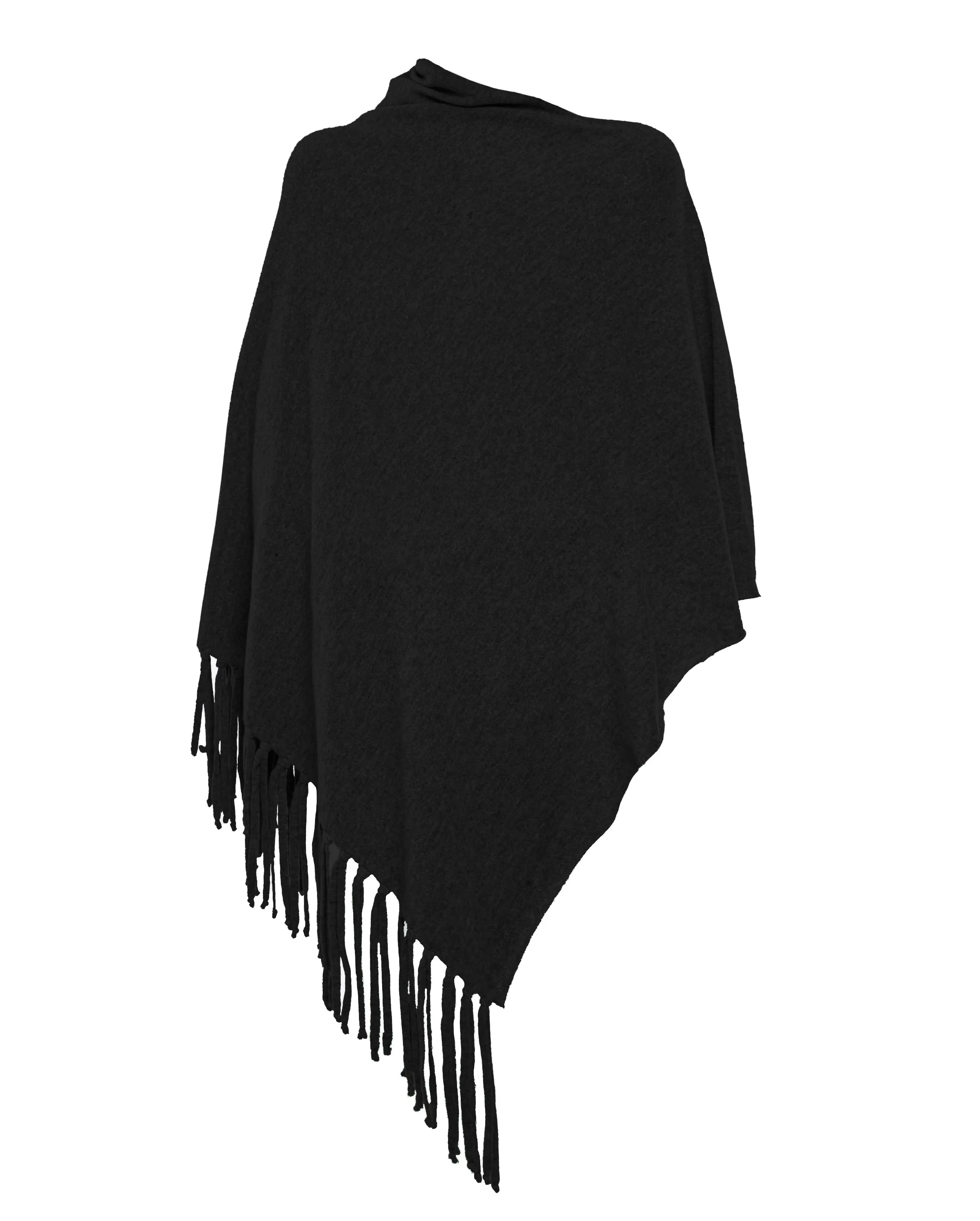 Women's Pure Cashmere Poncho with Fringes Black