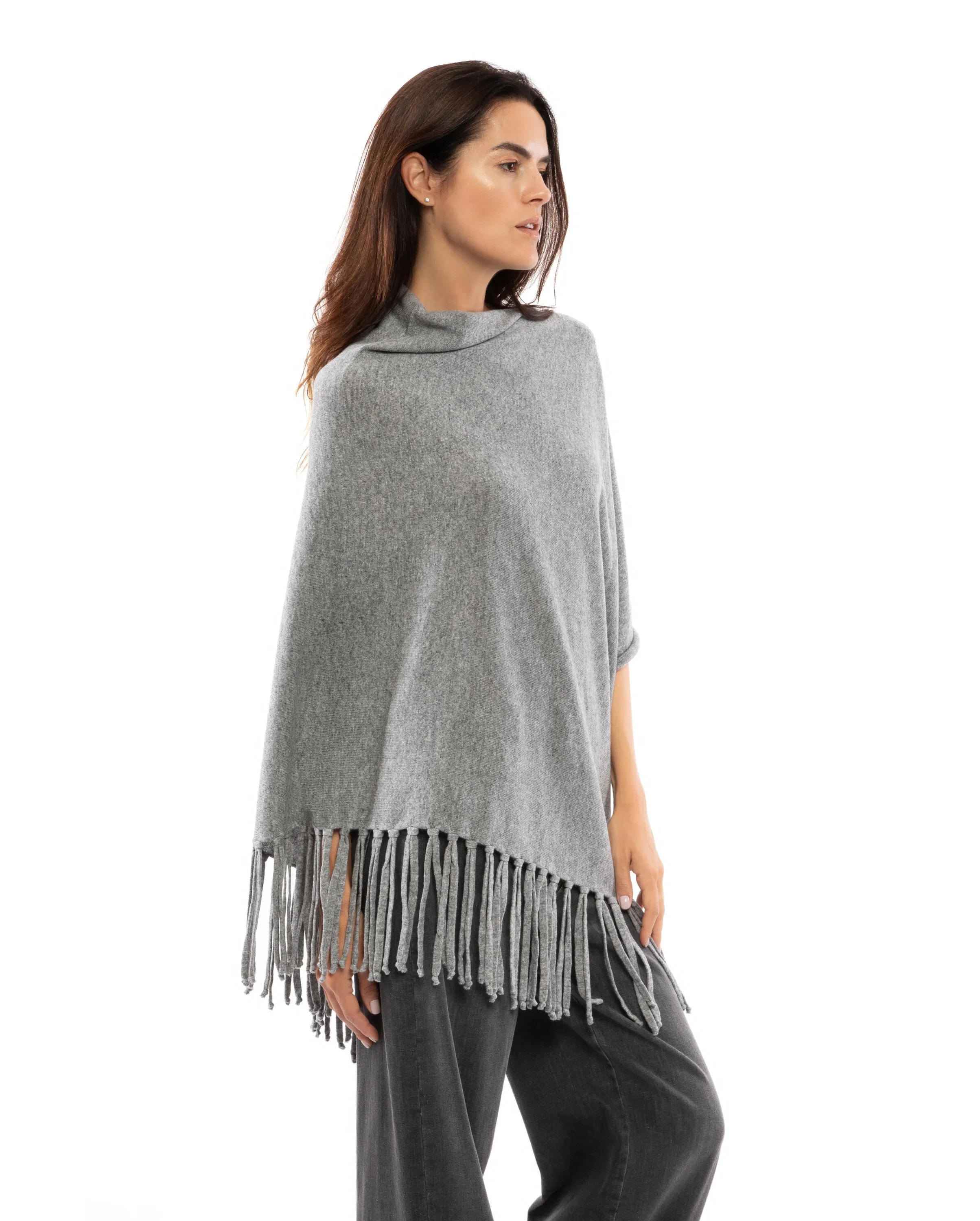 Women's Pure Cashmere Poncho with Fringes Black