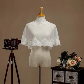 Women's Wrap Shrugs Shawls Tulle Wedding Party Appliques Flower Lace Wedding Capelets with Buttons