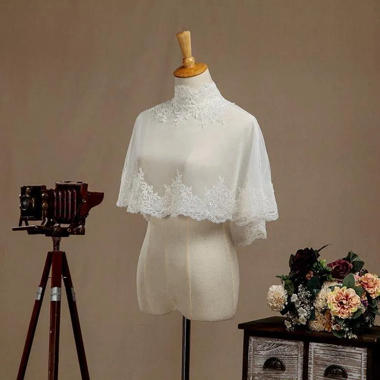 Women's Wrap Shrugs Shawls Tulle Wedding Party Appliques Flower Lace Wedding Capelets with Buttons