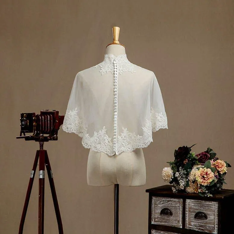 Women's Wrap Shrugs Shawls Tulle Wedding Party Appliques Flower Lace Wedding Capelets with Buttons