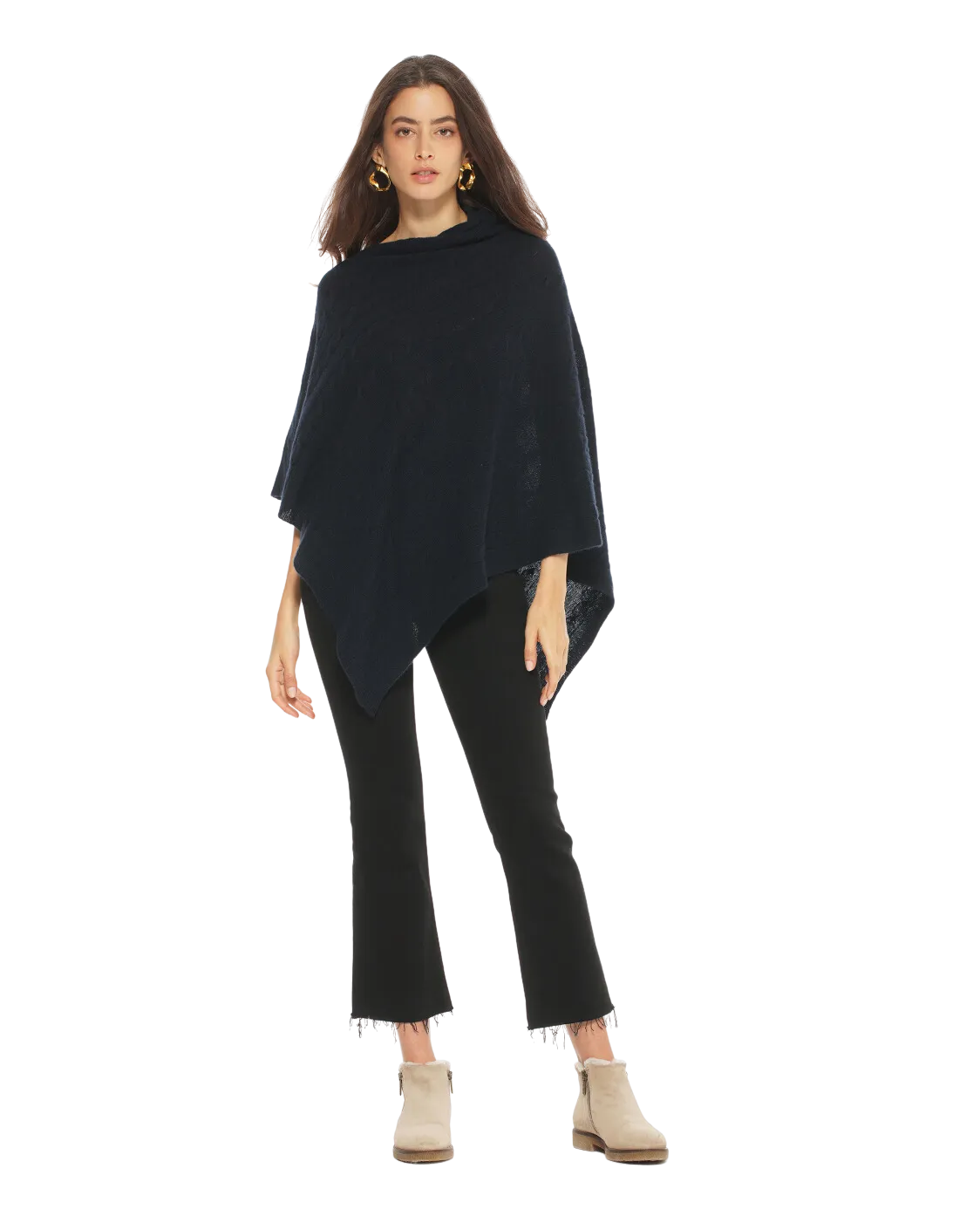 Womens's Pure Cashmere Cable Knit Poncho Navy Blue